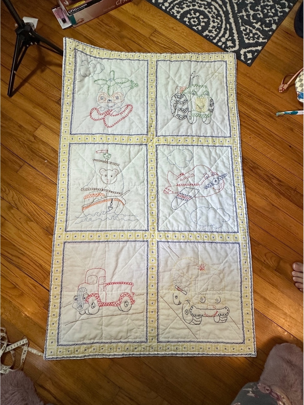 Handmade Baby Quilt TransportationAirplane, Tractor Boat Embrioder Cross Stitch